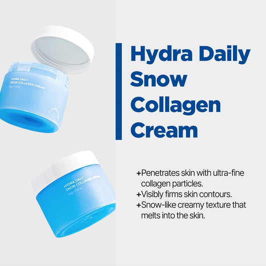 Hydra Daily Snow Collagen Cream packaging with product description on a light gray background