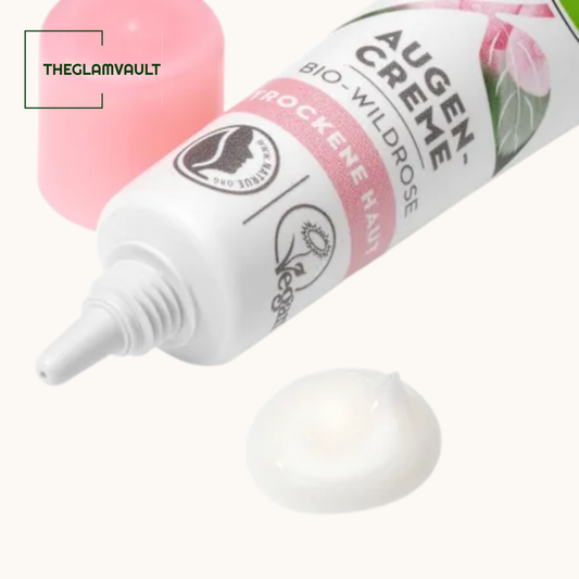 White cosmetic tube with pink label on a white background, featuring 'The Glam Vault' branding.