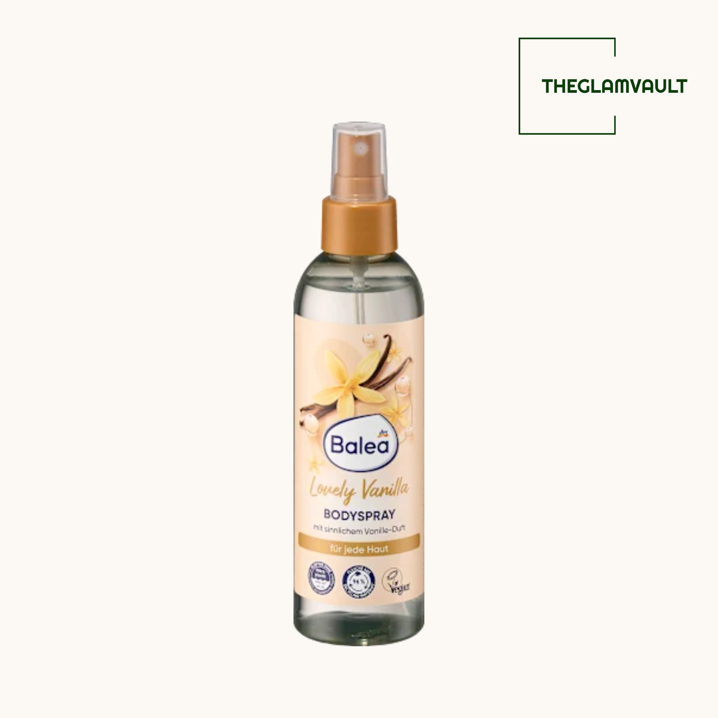 Balea Body Vanilla spray bottle on a white background with 'TheGlamVault' branding.