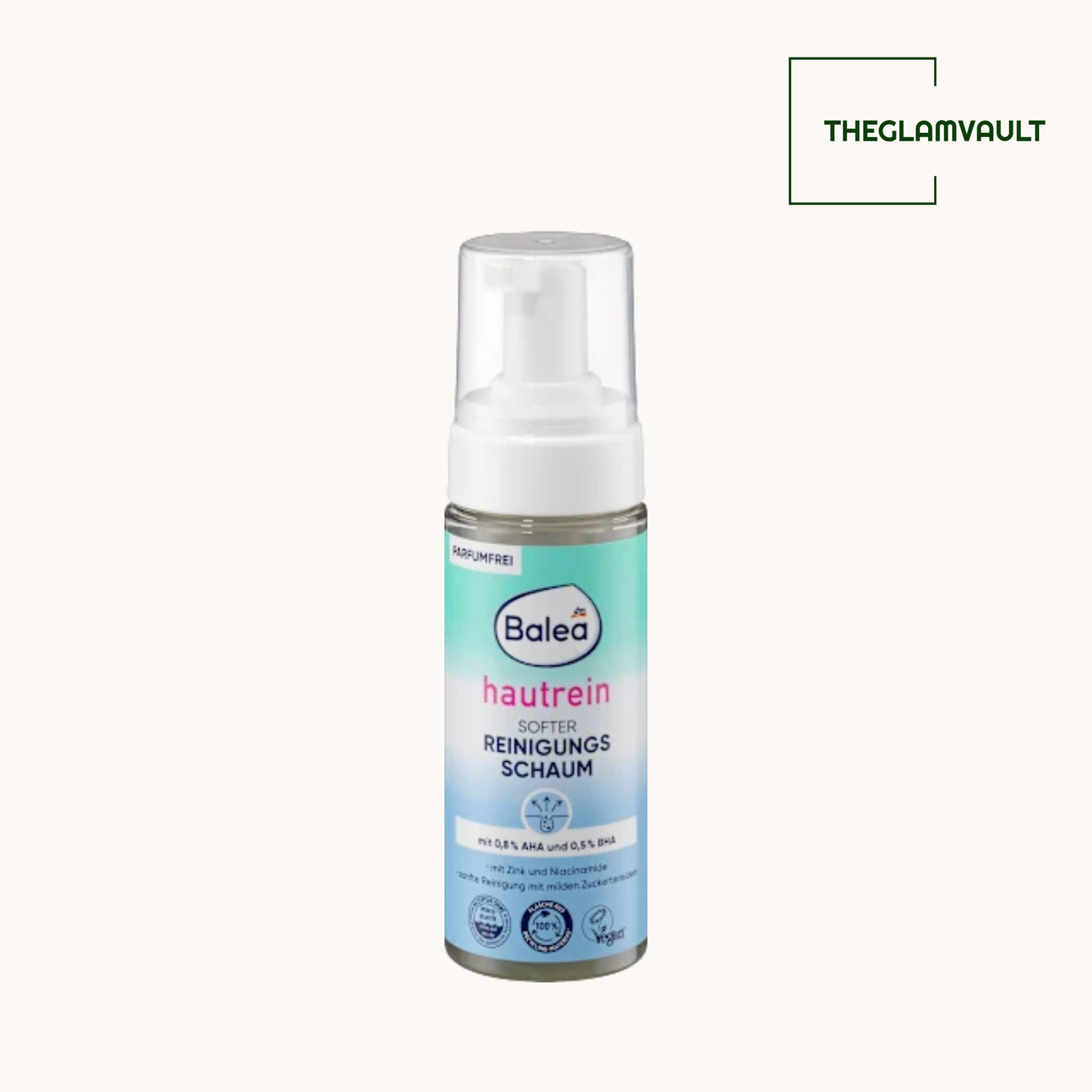 Balea Hautrein foam bottle on a white background with 'THEGLAMVAULT' branding.