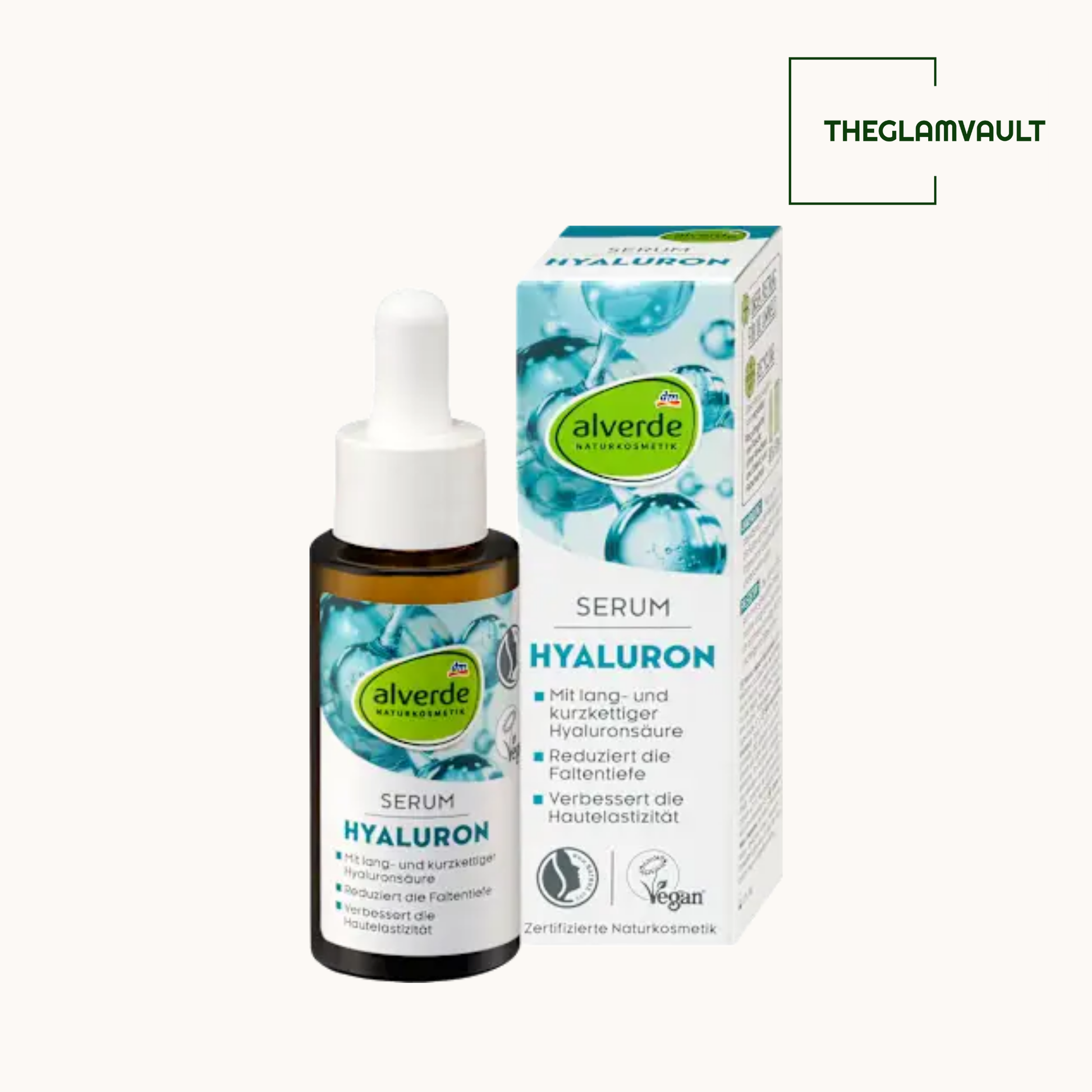 Alverde Hyaluron serum bottle and packaging on a white background