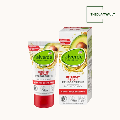 Alverde avocado-based skincare product packaging on a white background