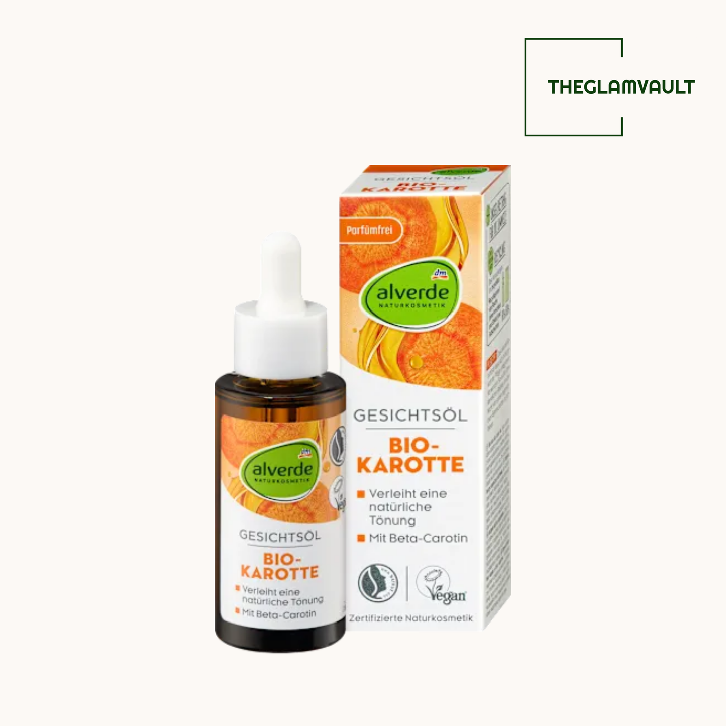 Alverde organic carrot facial oil bottle and packaging on a white background