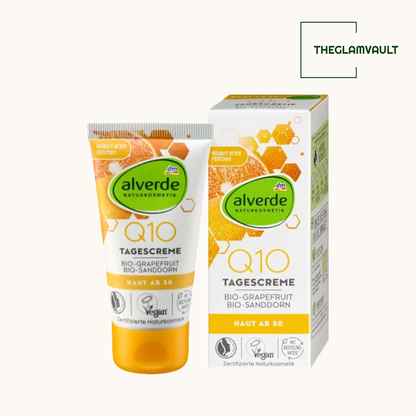 Alverde Q10 Day Cream packaging with tube and box on a white background