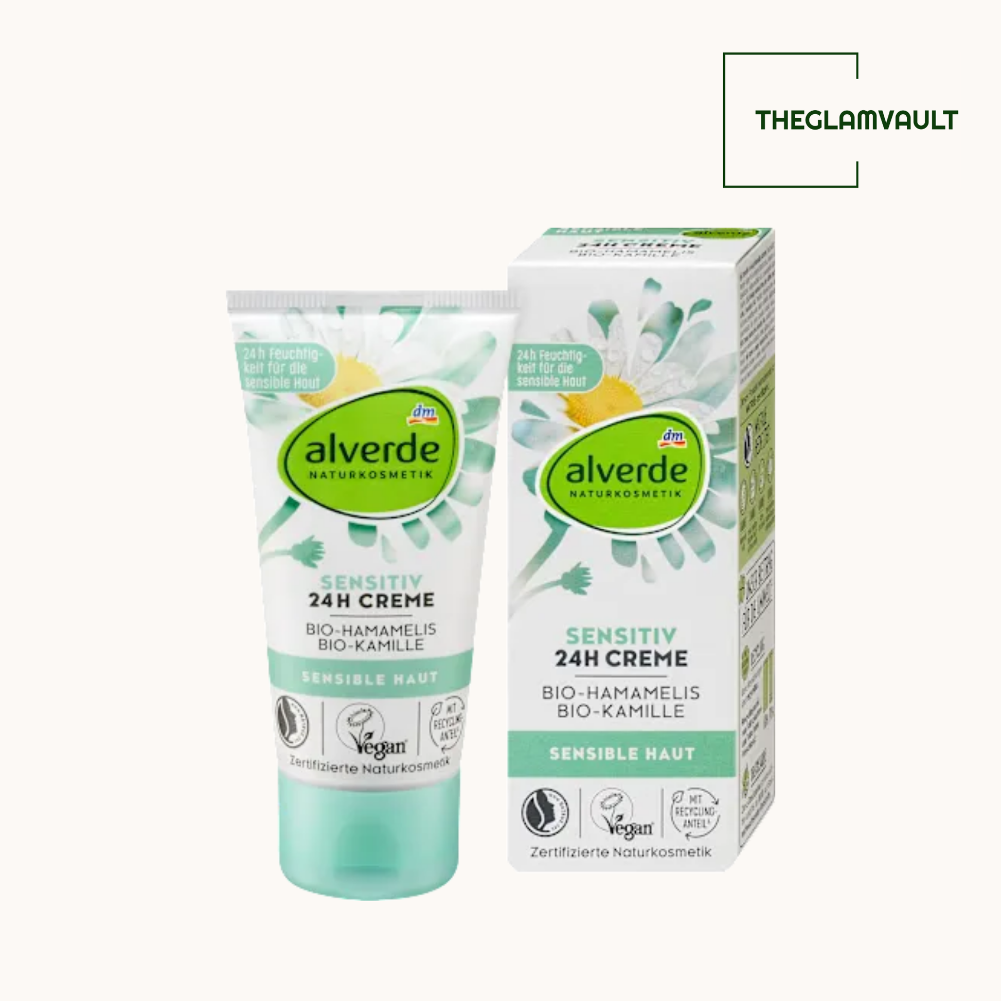 Alverde sensitiv 24H Creme tube and packaging on a white background
