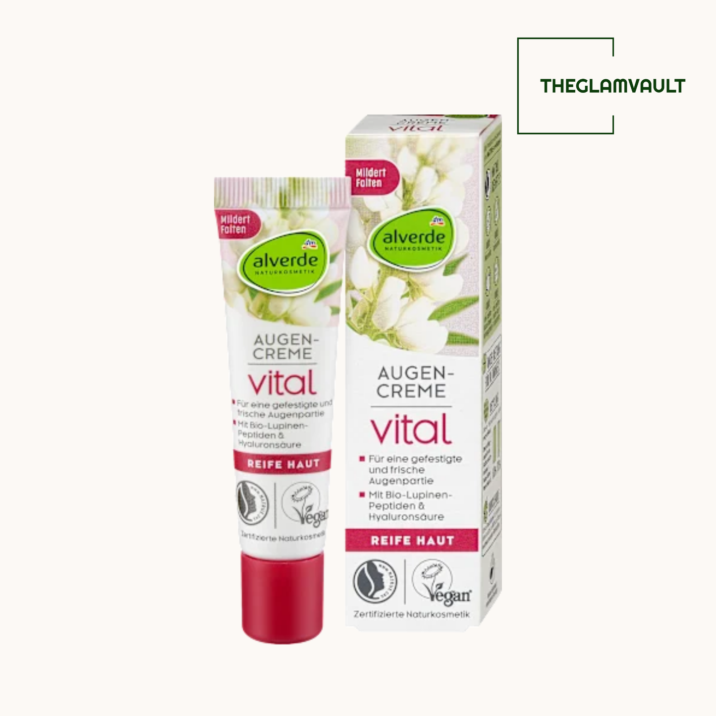 Alverde Augen-Creme vital cream tube and packaging on a white background