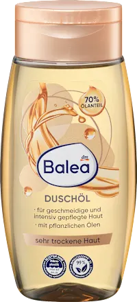 Balea shower oil bottle with visible branding and product details.