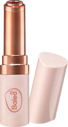 Lip balm with rose gold cap and beige body on white background