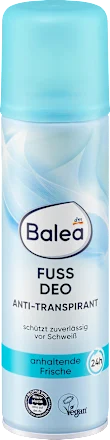 Balea foot deodorant spray with blue and white design