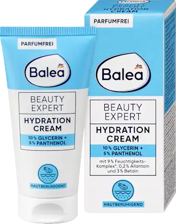 Balea Beauty Expert Hydration Cream packaging with tube and box on a white background