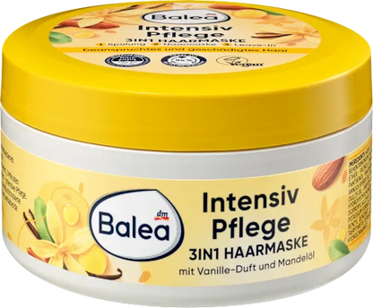 Balea hair mask jar with yellow lid and vanilla and almond design on a white background