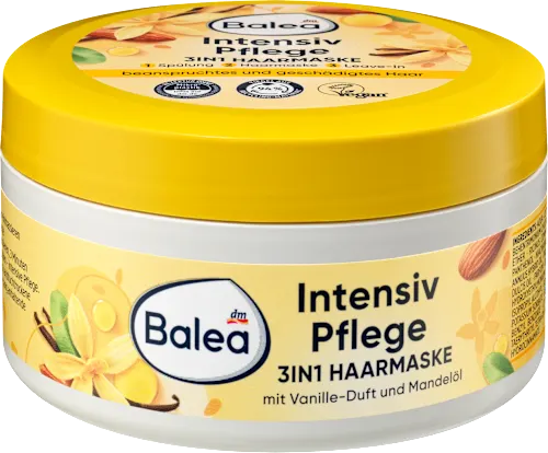 Balea hair mask jar with yellow lid and vanilla and almond design on a white background