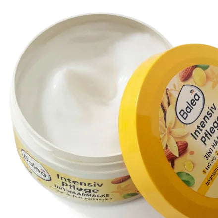 Balea Intensiv Pflege hair mask jar with yellow lid on a white background