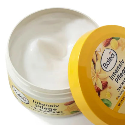 Balea Intensiv Pflege hair mask jar with yellow lid on a white background