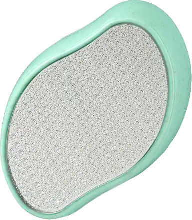 Green-handled sanding block with a textured surface on a white background