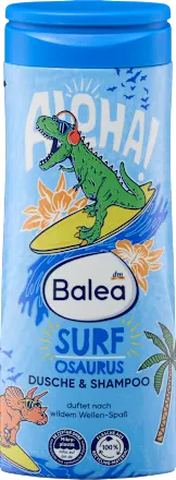 Balea Surf Dusche & Shampoo container with a cartoon crocodile on a blue background