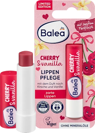 Balea Cherry & Vanilla lip care set with packaging on a pink background