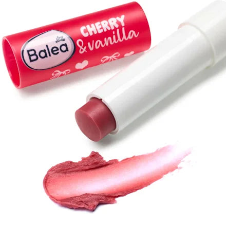 Lip balm with 'Balea' branding and cherry vanilla flavor on a white background