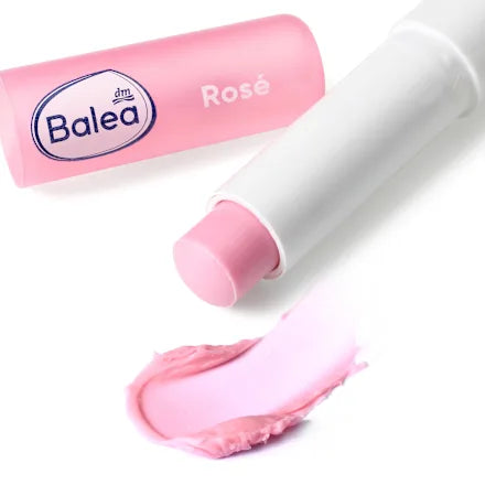 Balea Rose lip balm with pink packaging on a white background
