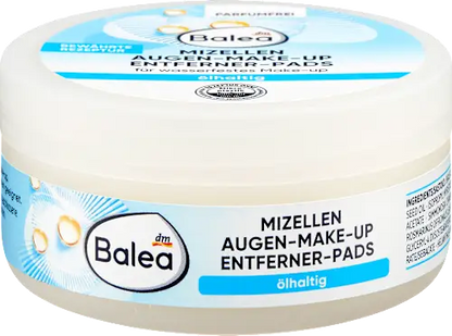 Balea eye makeup remover pads container with blue and white label