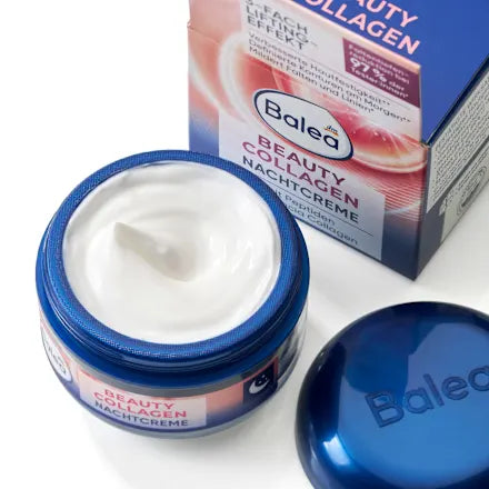 Balea Beauty Collagen night cream jar with packaging on a white background