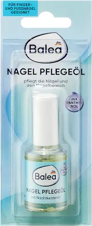 Balea nail care oil packaging with dropper on a light blue background