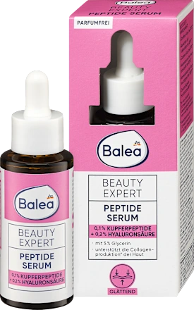 Balea Beauty Expert Peptide Serum with dropper and packaging on a white background