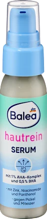 Balea Hautrein Serum bottle with blue cap and white label on a light background