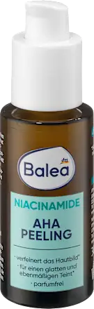 Balea Niacinamide AHA Peeling bottle with white cap on a light background