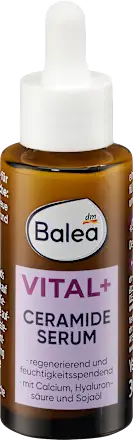 Balea Vital+ Ceramide Serum bottle with dropper on a white background