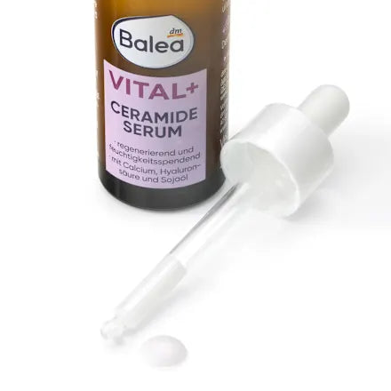 Balea Vital+ Ceramide Serum bottle with dropper on a white background