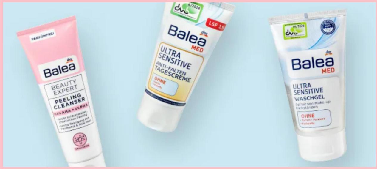 Three Balea skincare products on a light blue background